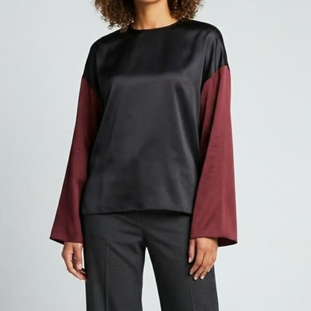 Vince Colorblock Silk Blouse Coastal Merlot Relaxed Long Sleeve Women's M
